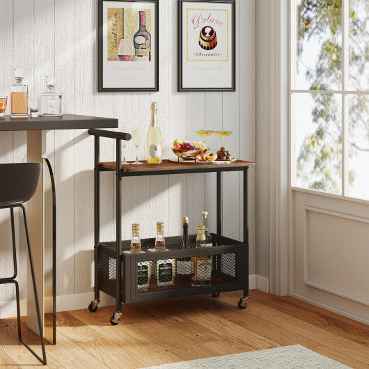 2-Tier Rolling End Table with Handle and Mesh Basket-Rustic Brown W2B