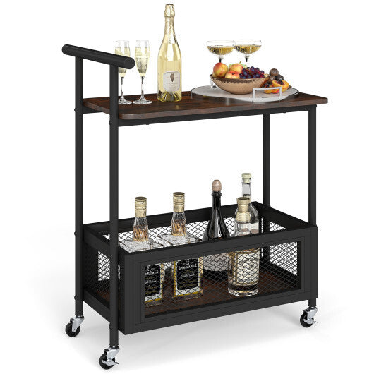 2-Tier Rolling End Table with Handle and Mesh Basket-Rustic Brown W2B