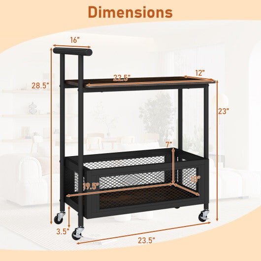 2-Tier Rolling End Table with Handle and Mesh Basket-Rustic Brown W2B
