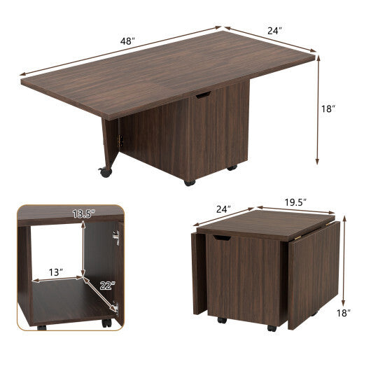Foldable Coffee Table with Storage Cabinet Extendable Center Table-Oak