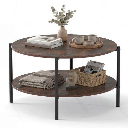 Round Coffee Table 2-Tier Industrial Accent Table with Open Storage Shelf-Rustic Brown W2B