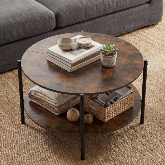 Round Coffee Table 2-Tier Industrial Accent Table with Open Storage Shelf-Rustic Brown W2B