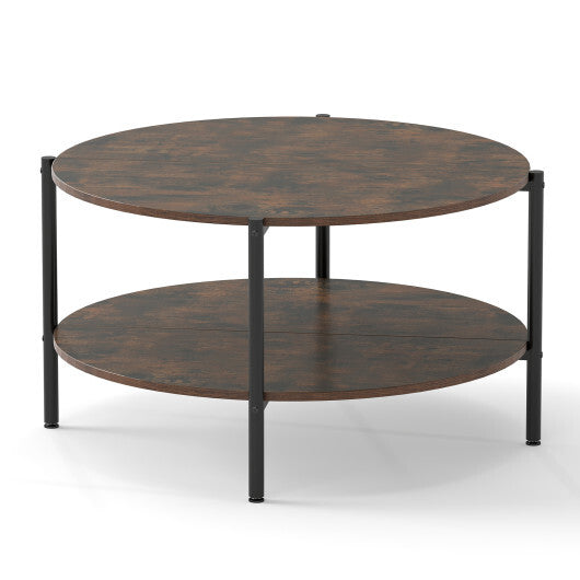 Round Coffee Table 2-Tier Industrial Accent Table with Open Storage Shelf-Rustic Brown W2B