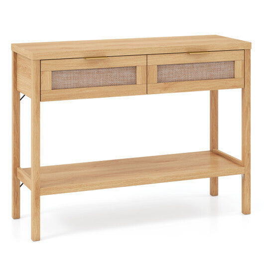 Rattan Console Table with 2 Drawers and Bottom Shelf-Natural W2B