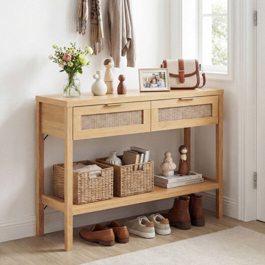 Rattan Console Table with 2 Drawers and Bottom Shelf-Natural W2B