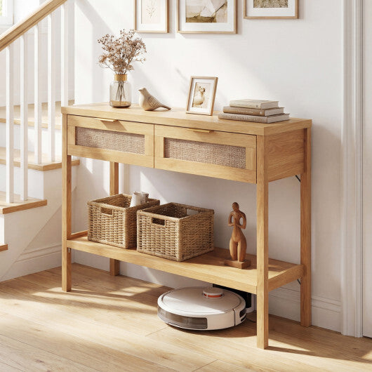 Rattan Console Table with 2 Drawers and Bottom Shelf-Natural W2B