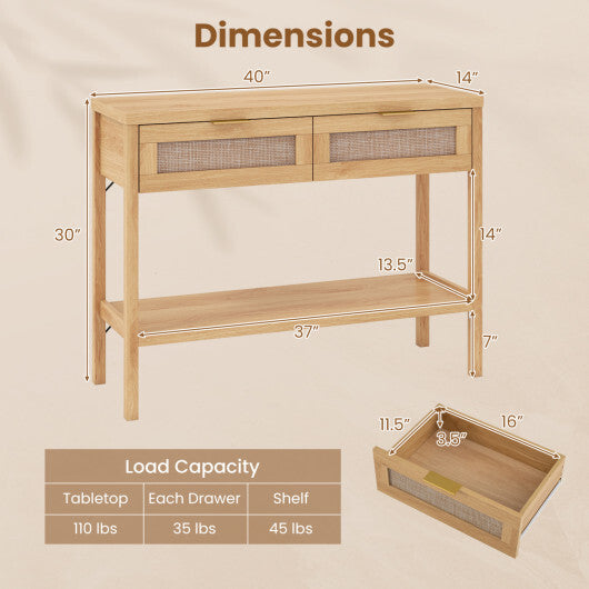 Rattan Console Table with 2 Drawers and Bottom Shelf-Natural W2B