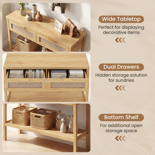Rattan Console Table with 2 Drawers and Bottom Shelf-Natural W2B