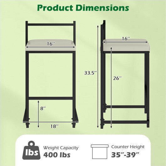Set of 2 Stackable Counter Height Bar Stools PU Leather Upholstered with Footrest-Black W2B