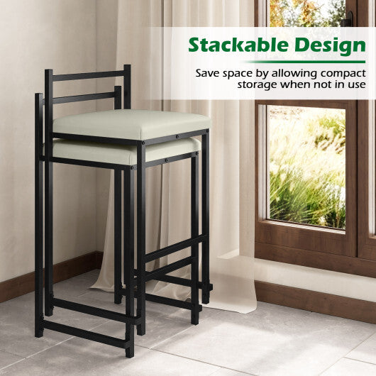 Set of 2 Stackable Counter Height Bar Stools PU Leather Upholstered with Footrest-Black W2B