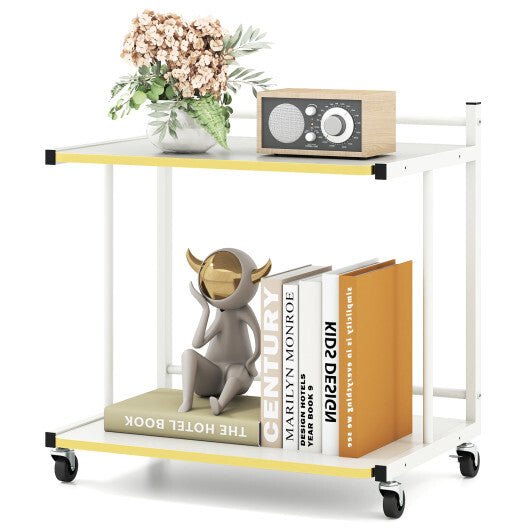 Mobile Side Table 2-Tier Rolling End Table with Open Shelves & Golden Trimmed Edges-White W2B