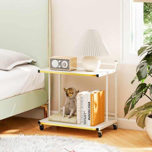 Mobile Side Table 2-Tier Rolling End Table with Open Shelves & Golden Trimmed Edges-White W2B