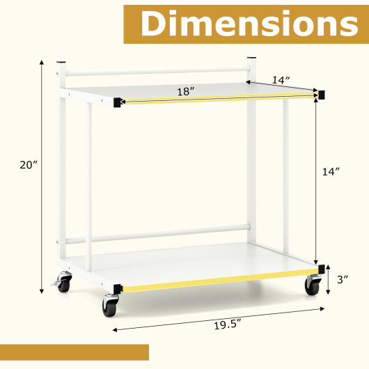 Mobile Side Table 2-Tier Rolling End Table with Open Shelves & Golden Trimmed Edges-White W2B