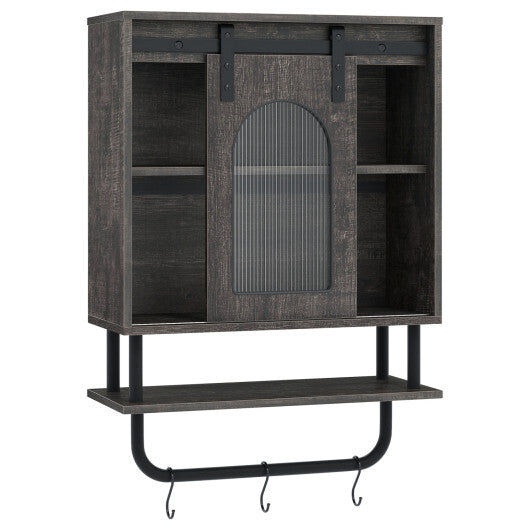 Bathroom Wall Cabinet with Sliding Barn Door and Metal Hanging Bar with 3 Hooks-Black W2B