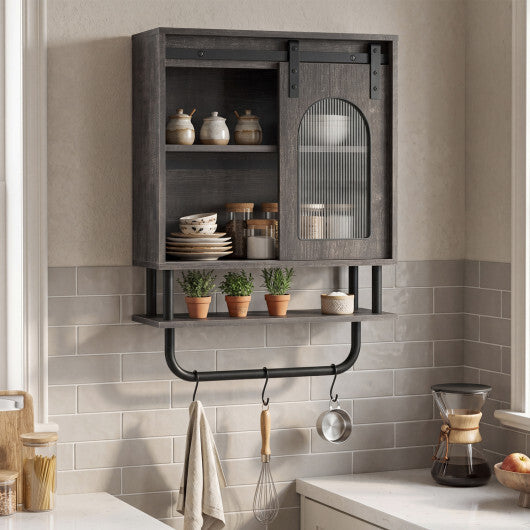 Bathroom Wall Cabinet with Sliding Barn Door and Metal Hanging Bar with 3 Hooks-Black W2B