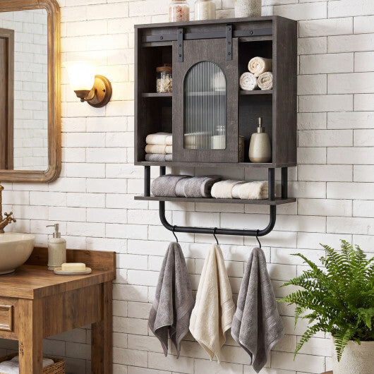Bathroom Wall Cabinet with Sliding Barn Door and Metal Hanging Bar with 3 Hooks-Black W2B
