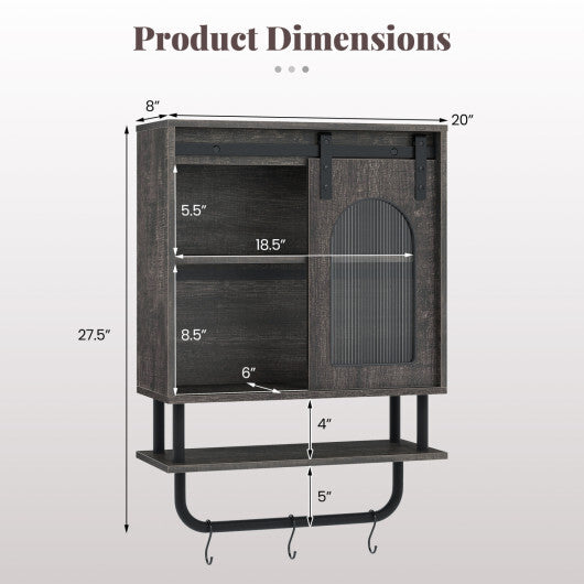 Bathroom Wall Cabinet with Sliding Barn Door and Metal Hanging Bar with 3 Hooks-Black W2B