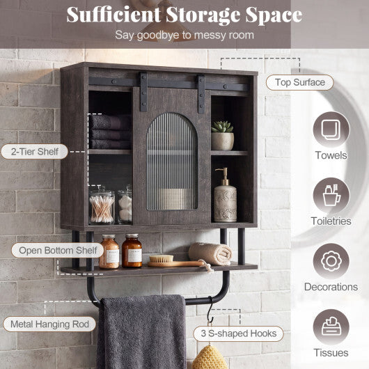 Bathroom Wall Cabinet with Sliding Barn Door and Metal Hanging Bar with 3 Hooks-Black W2B
