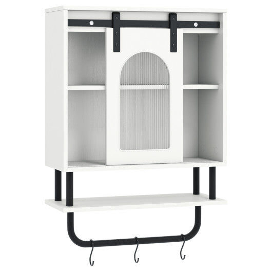 Bathroom Wall Cabinet with Sliding Barn Door and Metal Hanging Bar with 3 Hooks-Black W2B