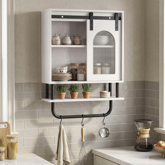Bathroom Wall Cabinet with Sliding Barn Door and Metal Hanging Bar with 3 Hooks-Black W2B