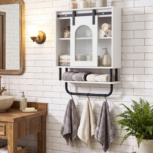 Bathroom Wall Cabinet with Sliding Barn Door and Metal Hanging Bar with 3 Hooks-Black W2B
