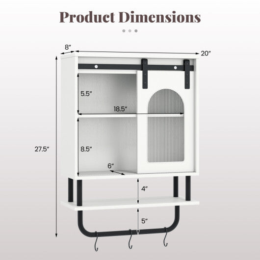 Bathroom Wall Cabinet with Sliding Barn Door and Metal Hanging Bar with 3 Hooks-Black W2B