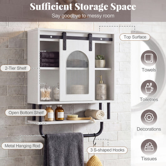 Bathroom Wall Cabinet with Sliding Barn Door and Metal Hanging Bar with 3 Hooks-Black W2B