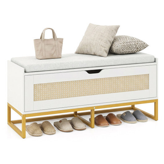 39.5" Rattan Storage Chest Wicker Shoe Bench with Padded Seat Flip-Top-White W2B