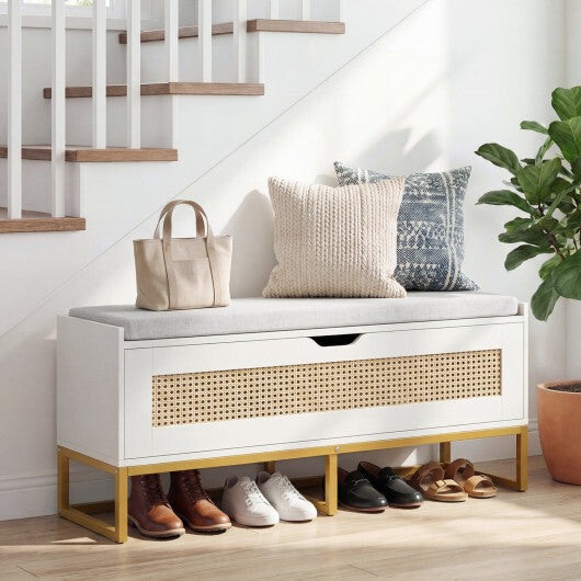 39.5" Rattan Storage Chest Wicker Shoe Bench with Padded Seat Flip-Top-White W2B