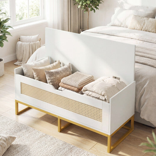39.5" Rattan Storage Chest Wicker Shoe Bench with Padded Seat Flip-Top-White W2B