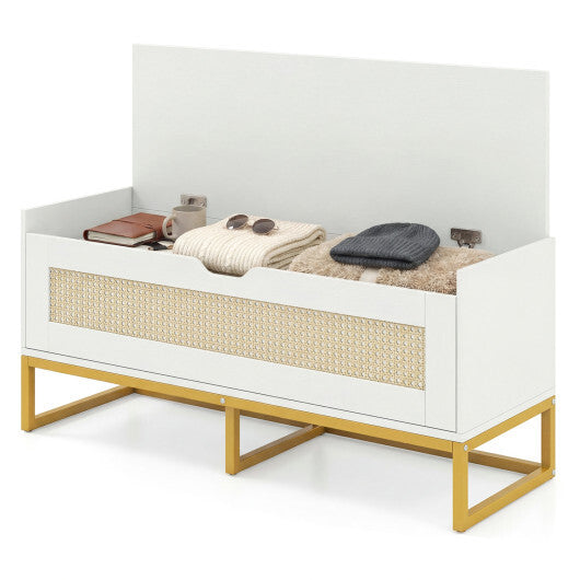 39.5" Rattan Storage Chest Wicker Shoe Bench with Padded Seat Flip-Top-White W2B