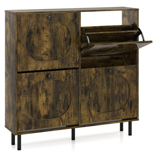 Shoe Storage Cabinet with 4 Flip Drawers and Aluminum Legs for Foyer and Hallway-Rustic Brown W2B