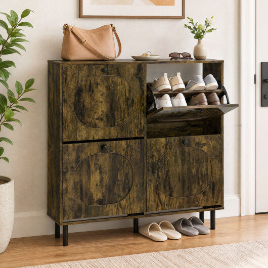 Shoe Storage Cabinet with 4 Flip Drawers and Aluminum Legs for Foyer and Hallway-Rustic Brown W2B