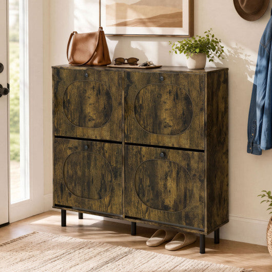 Shoe Storage Cabinet with 4 Flip Drawers and Aluminum Legs for Foyer and Hallway-Rustic Brown W2B