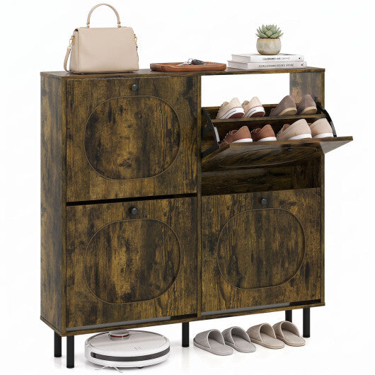 Shoe Storage Cabinet with 4 Flip Drawers and Aluminum Legs for Foyer and Hallway-Rustic Brown W2B
