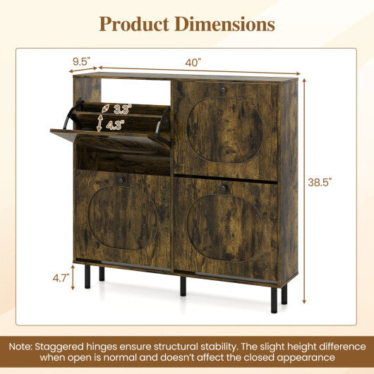 Shoe Storage Cabinet with 4 Flip Drawers and Aluminum Legs for Foyer and Hallway-Rustic Brown W2B