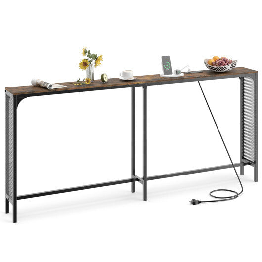 71 Inch Narrow Console Table with Power Outlet for Small Space-Rustic Brown W2B