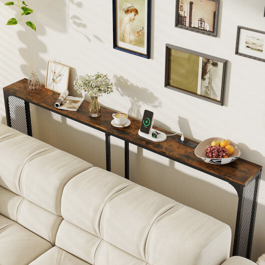 71 Inch Narrow Console Table with Power Outlet for Small Space-Rustic Brown W2B