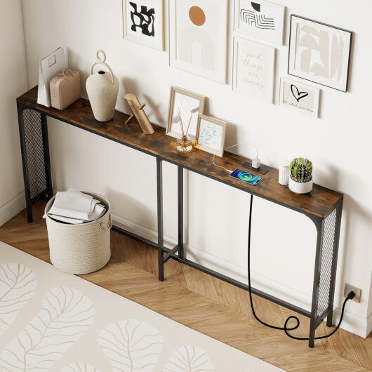 71 Inch Narrow Console Table with Power Outlet for Small Space-Rustic Brown W2B