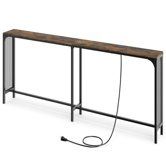 71 Inch Narrow Console Table with Power Outlet for Small Space-Rustic Brown W2B