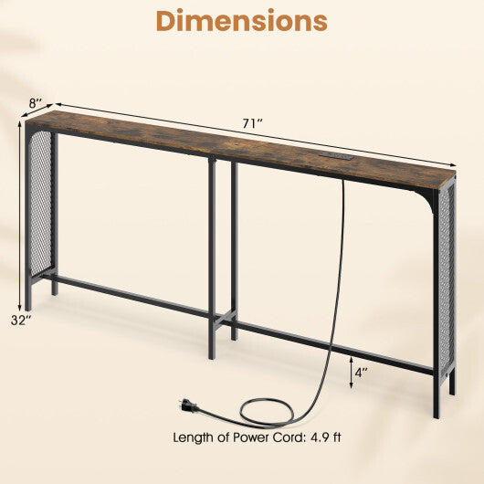 71 Inch Narrow Console Table with Power Outlet for Small Space-Rustic Brown W2B