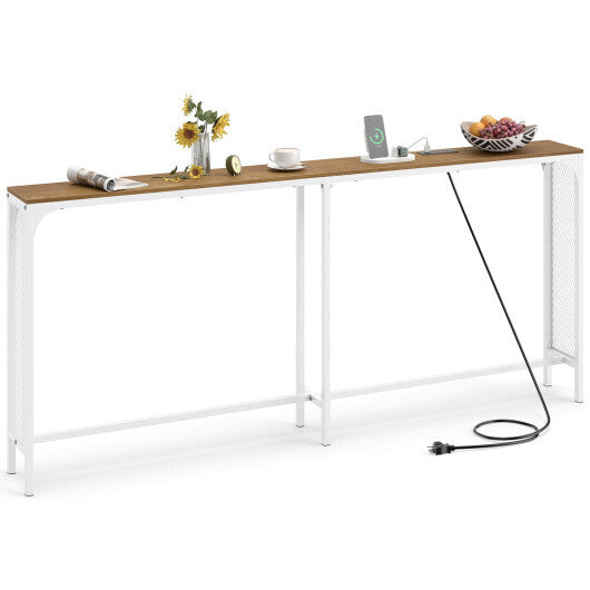 71 Inch Narrow Console Table with Power Outlet for Small Space-Rustic Brown W2B