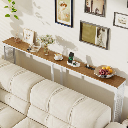 71 Inch Narrow Console Table with Power Outlet for Small Space-Rustic Brown W2B