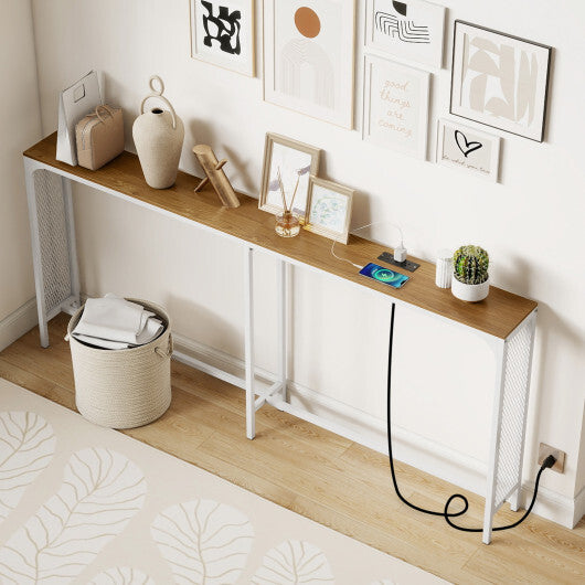 71 Inch Narrow Console Table with Power Outlet for Small Space-Rustic Brown W2B