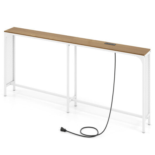71 Inch Narrow Console Table with Power Outlet for Small Space-Rustic Brown W2B