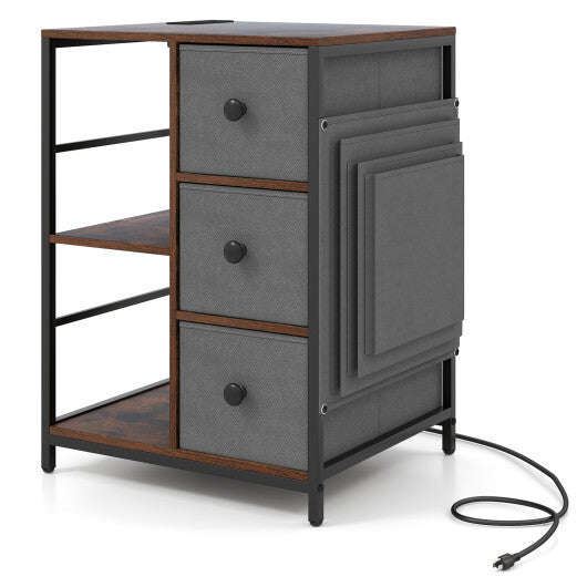 Side Table with Charging Station Industrial Nightstand with Open Shelves-Rustic Brown W2B