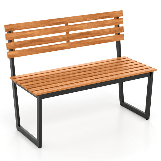 Outdoor Bench Acacia Wood Patio Loveseat with Backrest and Heavy Duty Metal Frame W2B