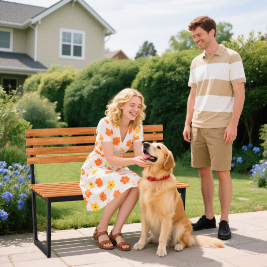 Outdoor Bench Acacia Wood Patio Loveseat with Backrest and Heavy Duty Metal Frame W2B