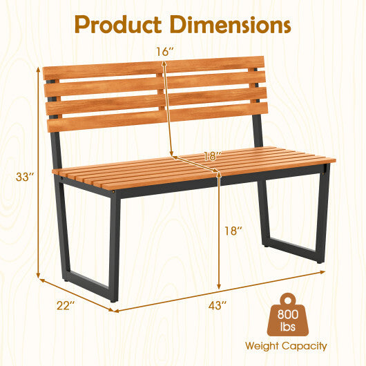 Outdoor Bench Acacia Wood Patio Loveseat with Backrest and Heavy Duty Metal Frame W2B