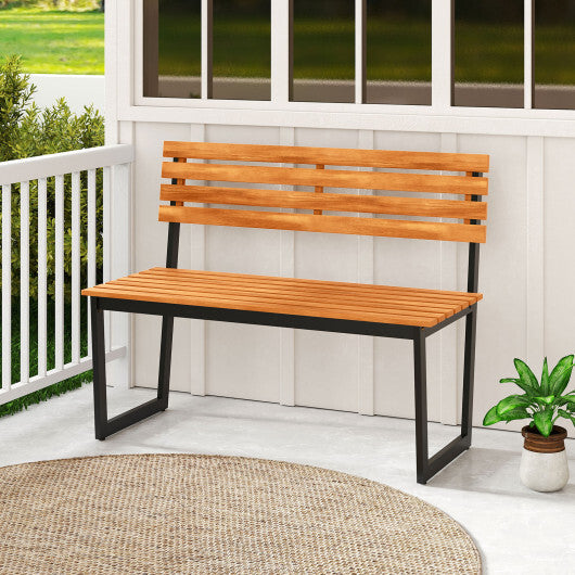 Outdoor Bench Acacia Wood Patio Loveseat with Backrest and Heavy Duty Metal Frame W2B